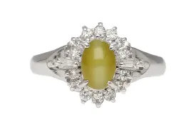 1.04 Carat Green Chrysoberyl Cat's Eye and Diamond Platinum Art Deco Style Ring