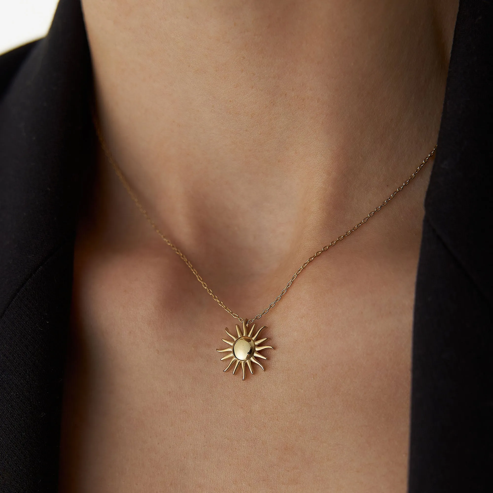 14k Gold Glowing Sun Charm Necklace