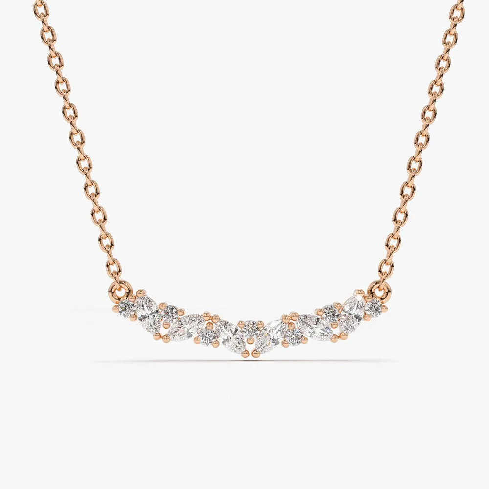 14K Gold Slanted Marquise and Round Diamond Necklace