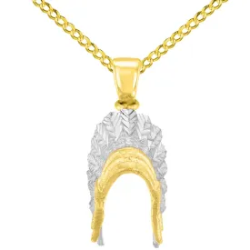 14K Solid Yellow Gold War Bonnets Charm Native American Pendant with Cuban Chain Necklace