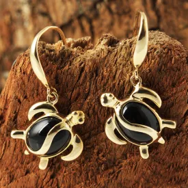 14K Yellow Gold Black Coral Inlaid Honu (Hawaiian Turtle) Hook Earrings