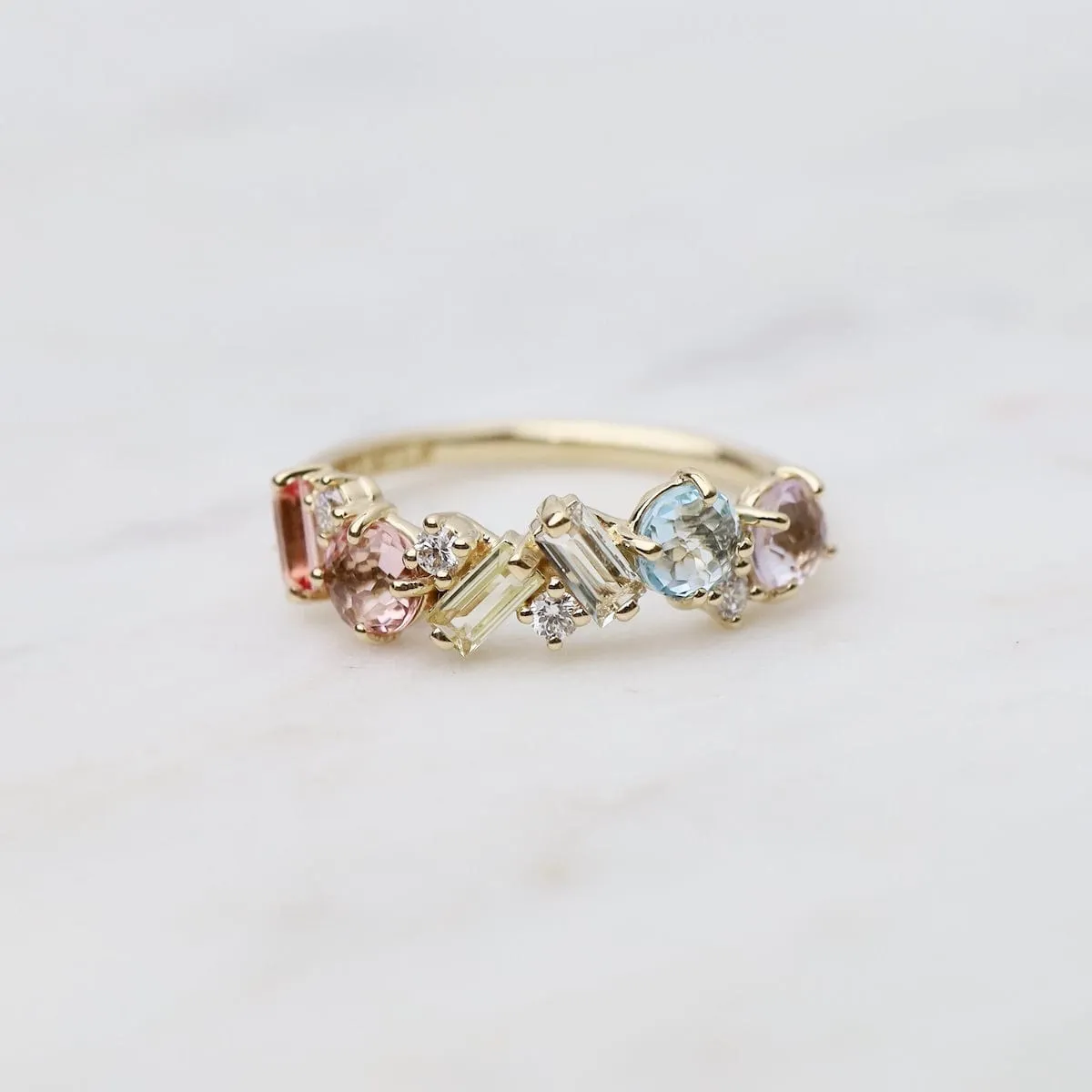 14k Yellow Gold Mixed Cut Pastel Stone Ring