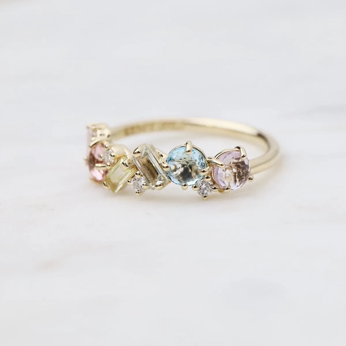 14k Yellow Gold Mixed Cut Pastel Stone Ring