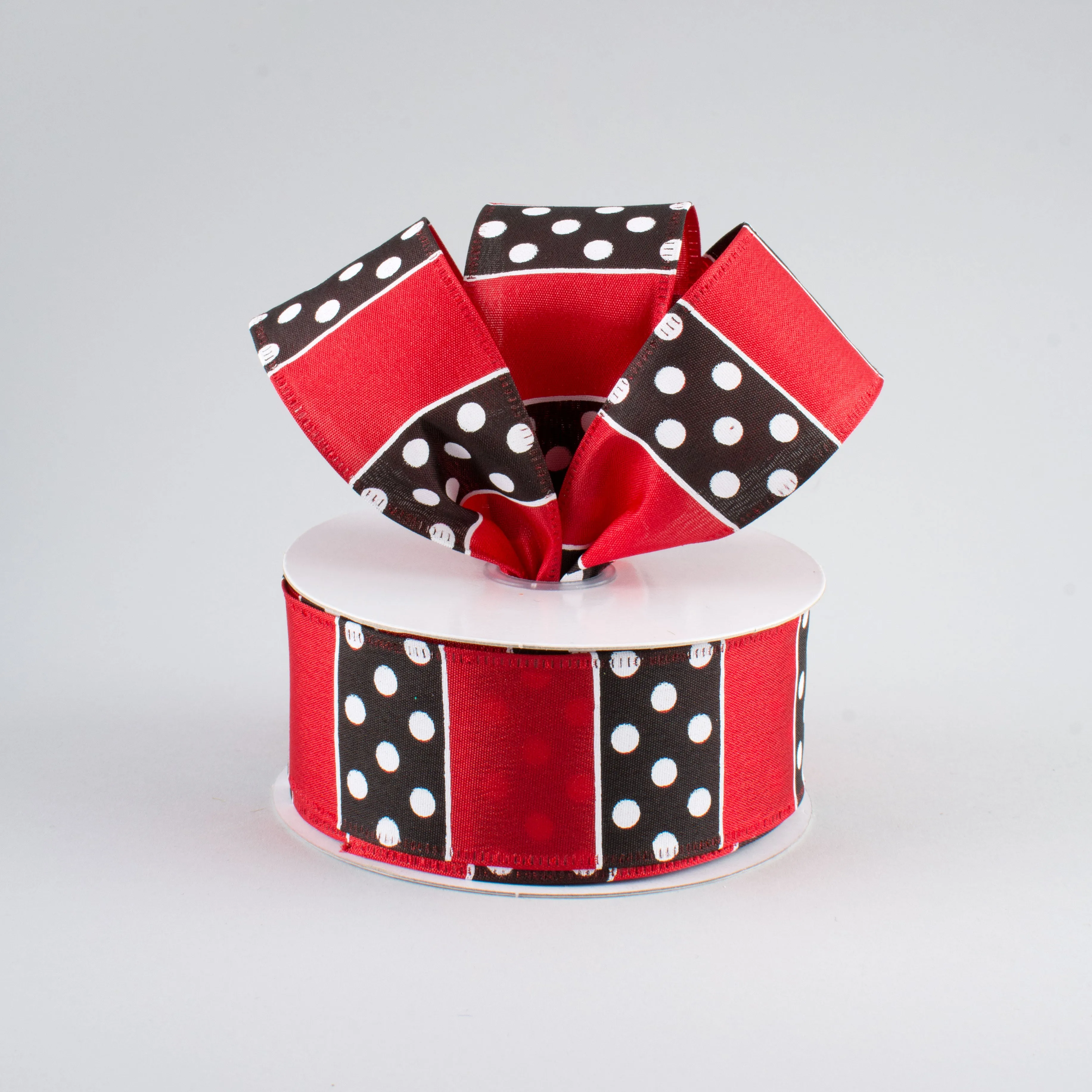 1.5" B & W Polka Dot Stripes Ribbon: Red (10 Yards)