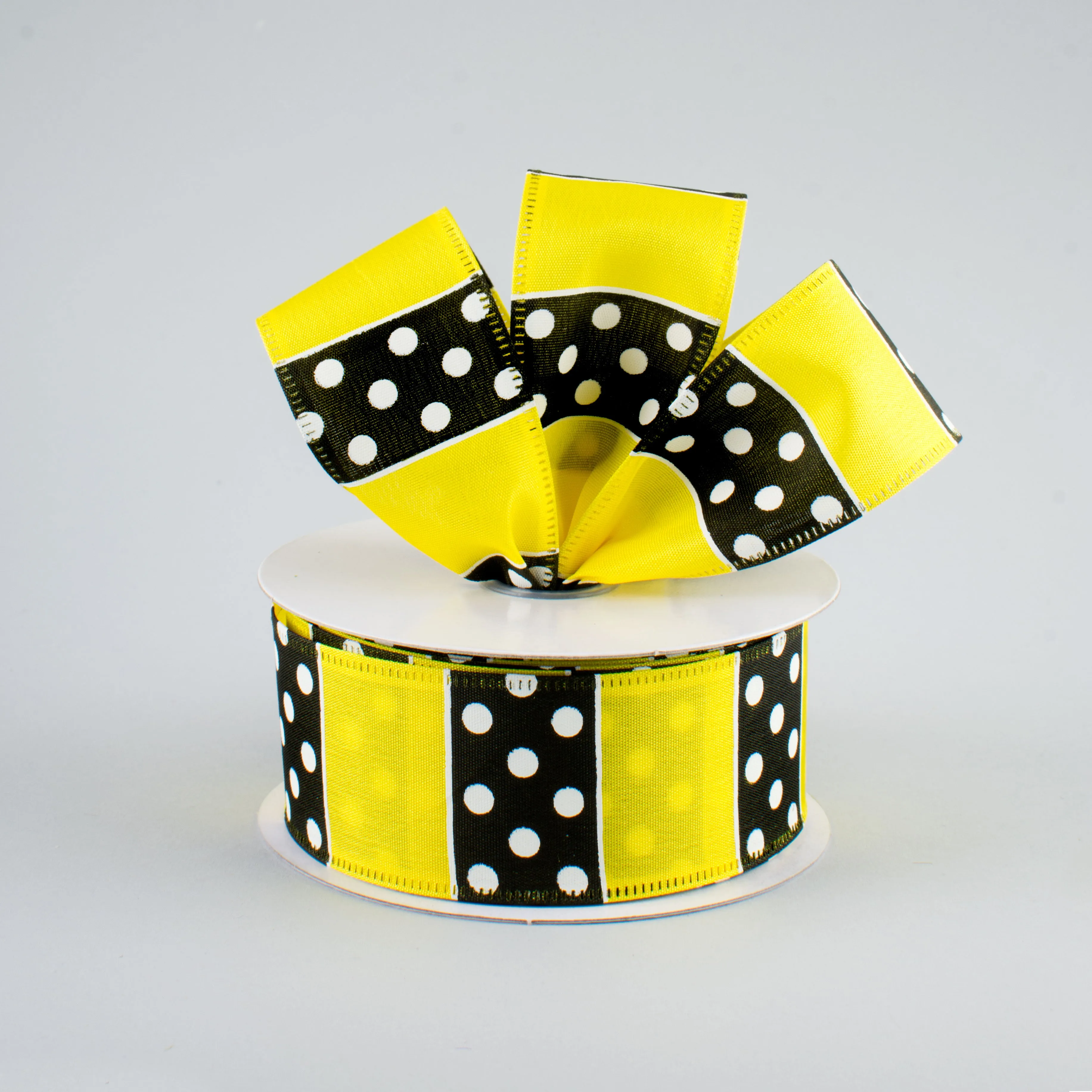 1.5" B & W Polka Dot Stripes Ribbon: Yellow (10 Yards)