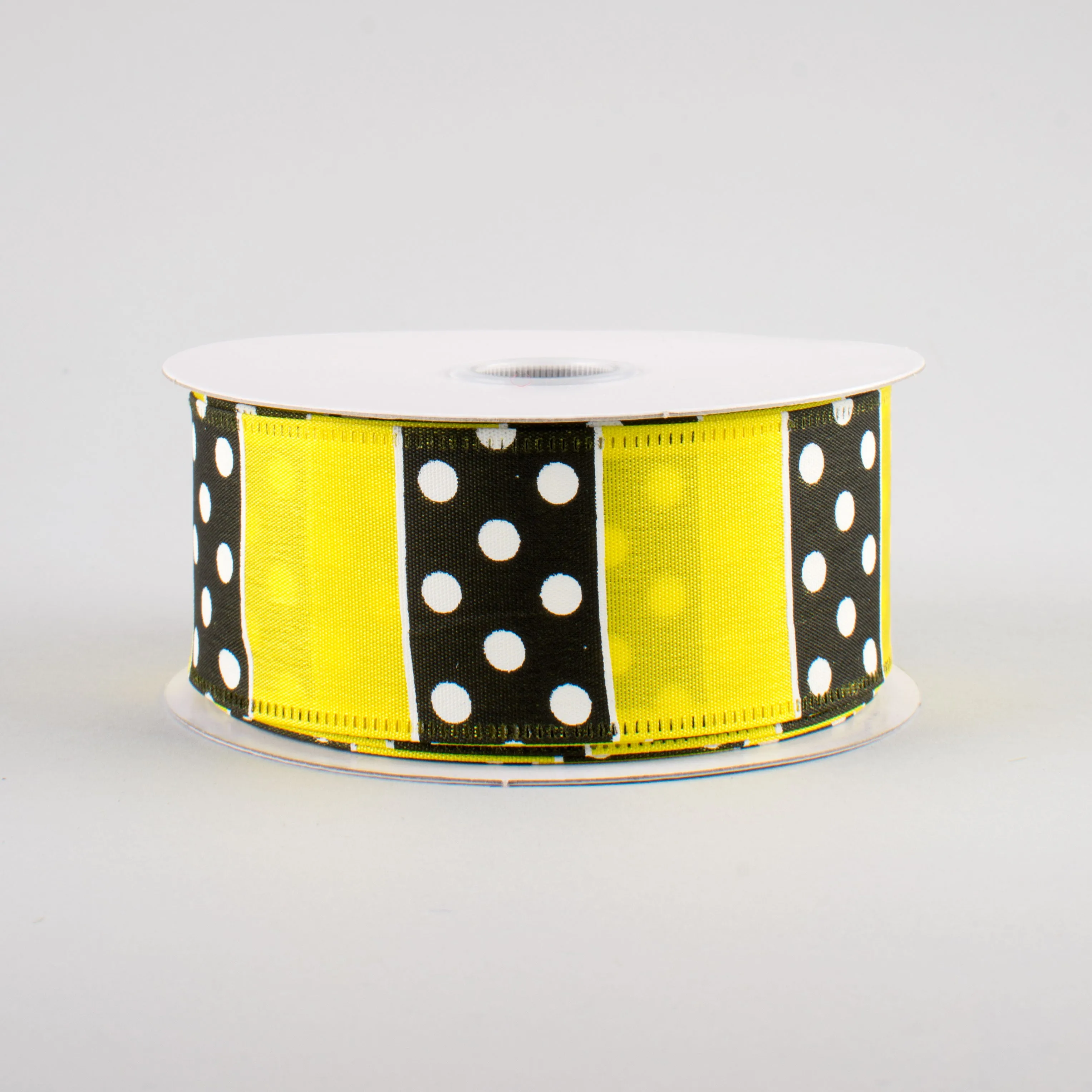 1.5" B & W Polka Dot Stripes Ribbon: Yellow (10 Yards)