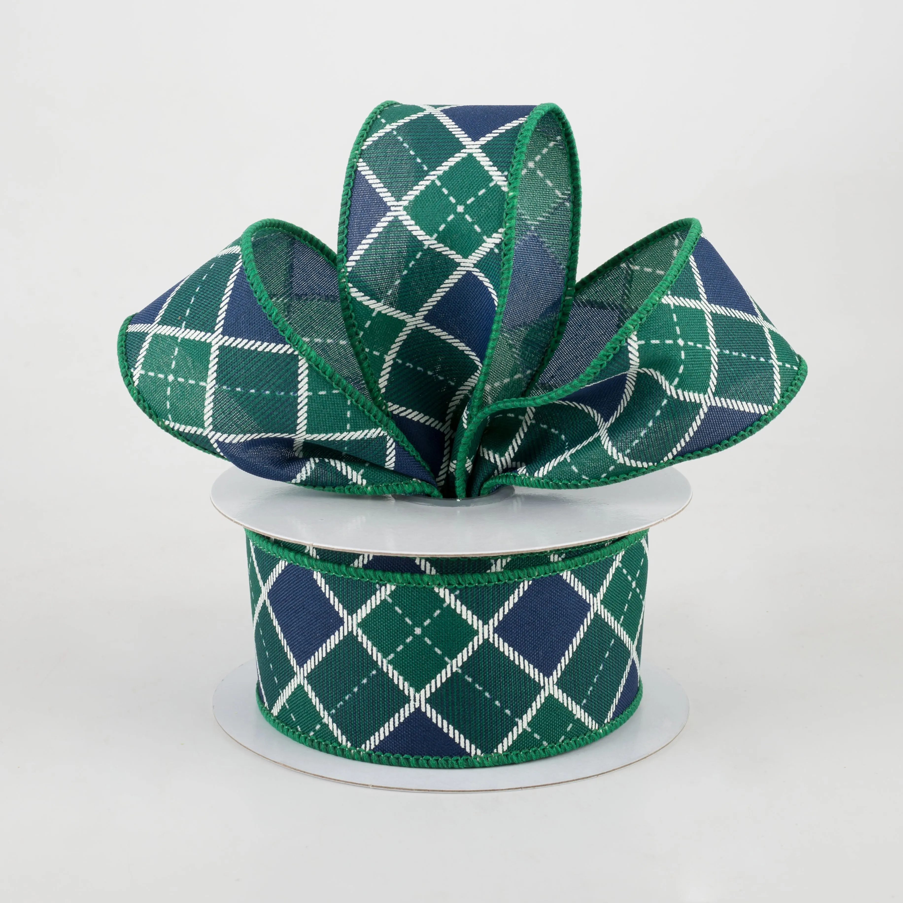 1.5" Diagonal Bonnie Check Ribbon: Green & Navy (10 Yards)