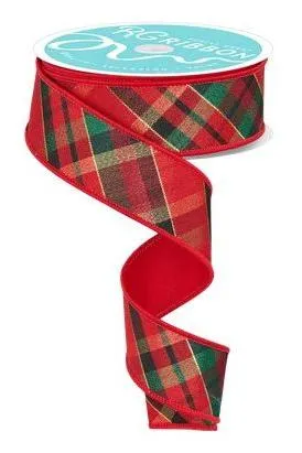 1.5" Metallic Plaid Diagonal Fused Back Ribbon: Red (10 Yards)