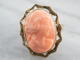 18K Gold Vintage Coral Cameo Ring