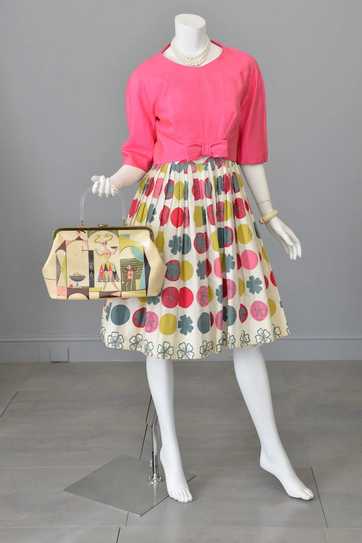 1950s Retro Novelty Print Dots Clovers Flowers 50s Dress