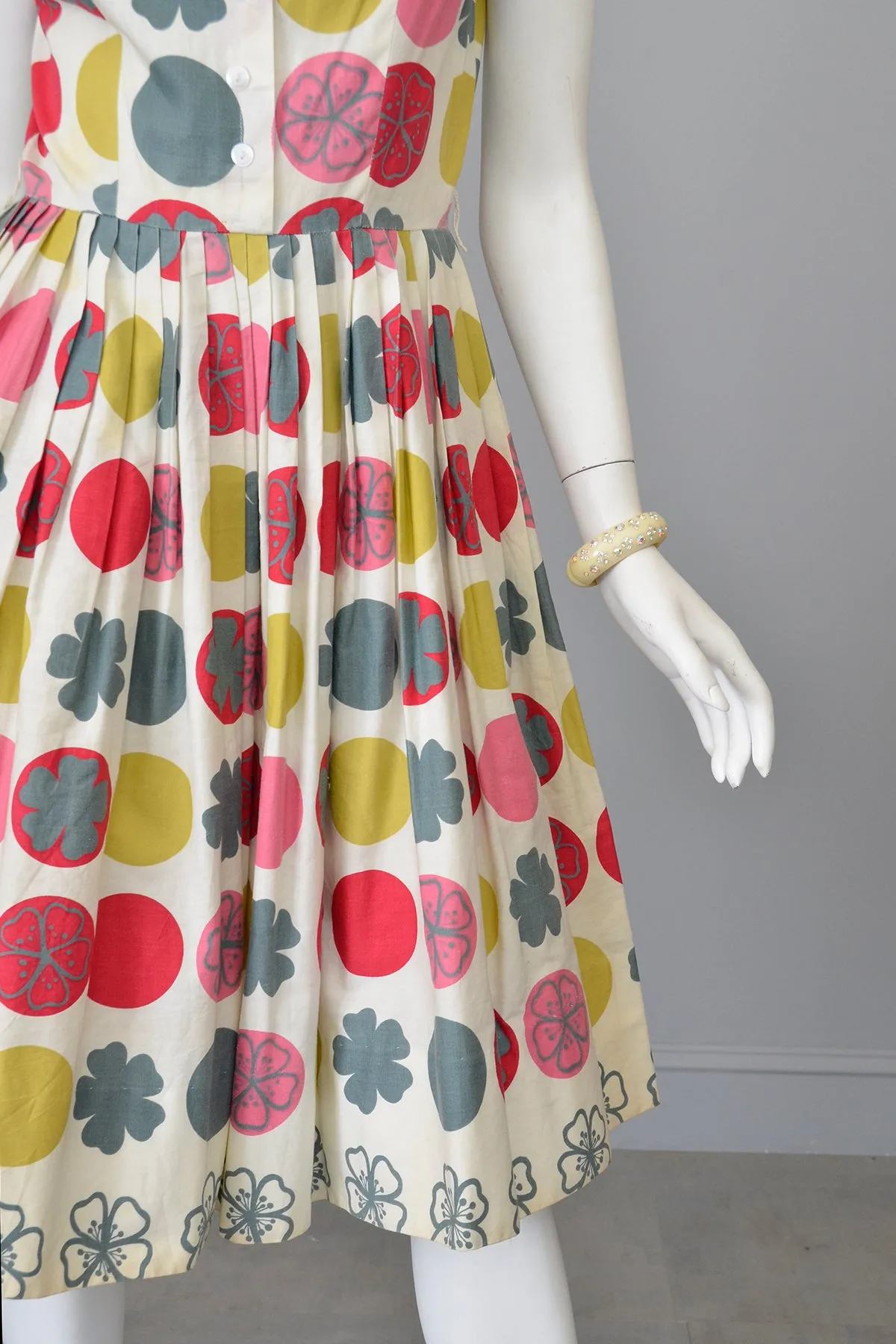 1950s Retro Novelty Print Dots Clovers Flowers 50s Dress