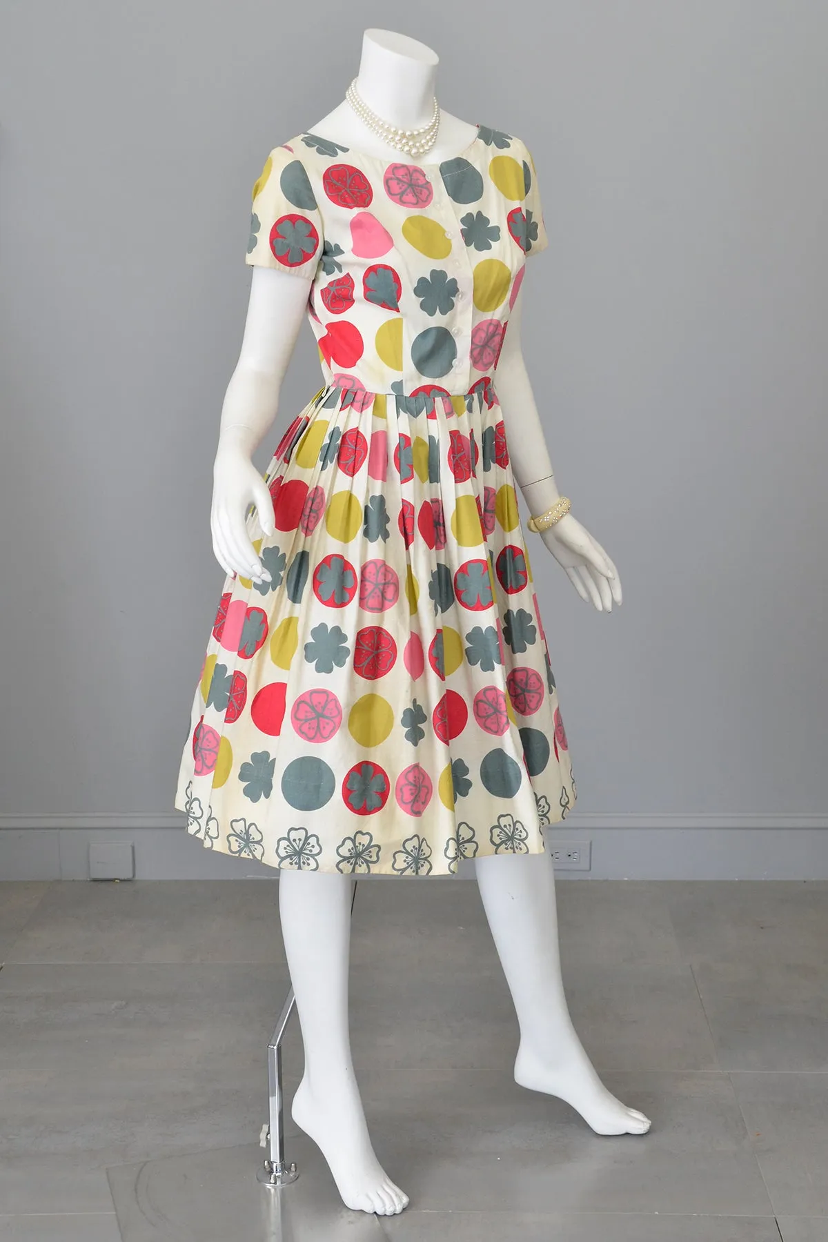 1950s Retro Novelty Print Dots Clovers Flowers 50s Dress