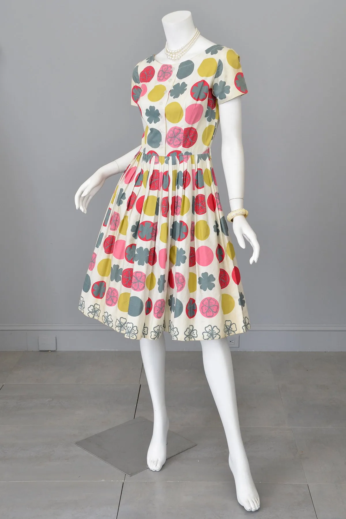 1950s Retro Novelty Print Dots Clovers Flowers 50s Dress