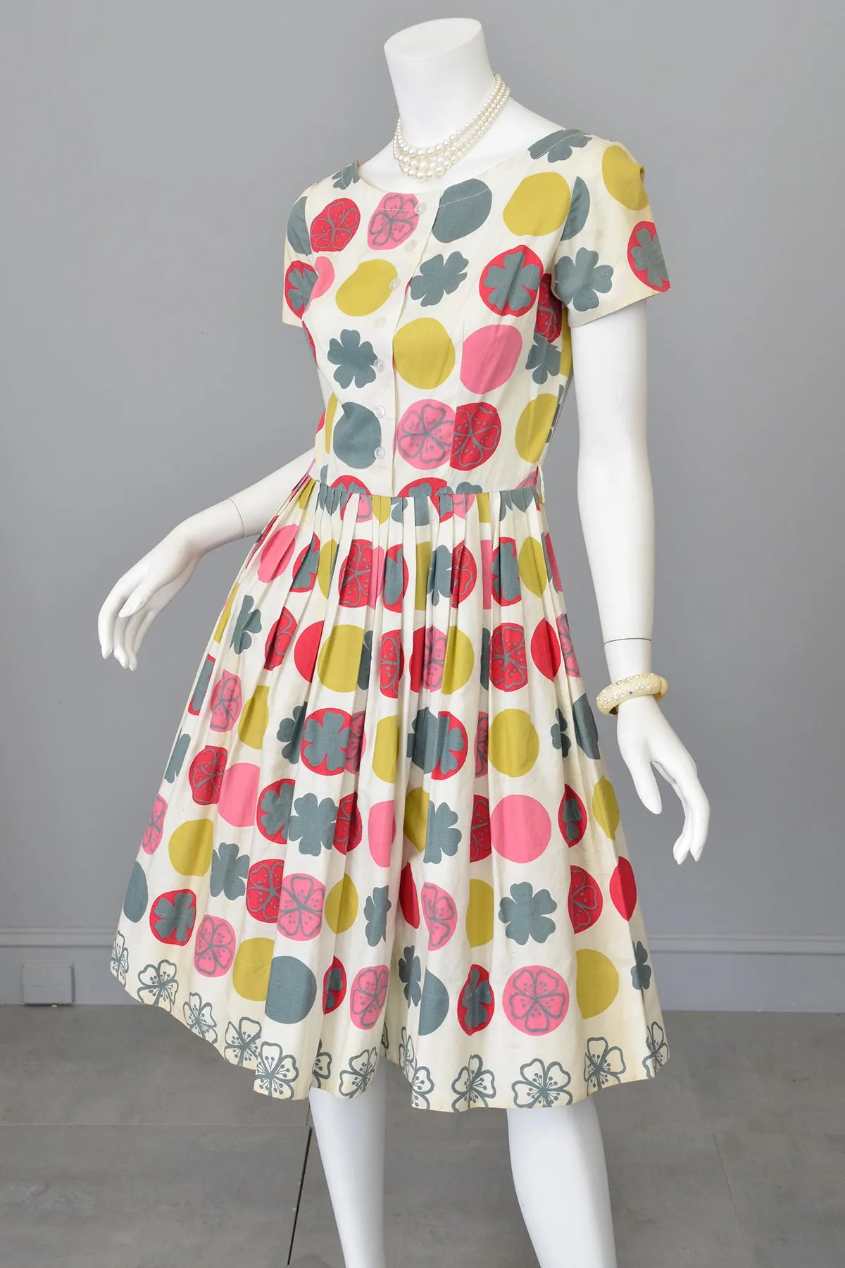 1950s Retro Novelty Print Dots Clovers Flowers 50s Dress