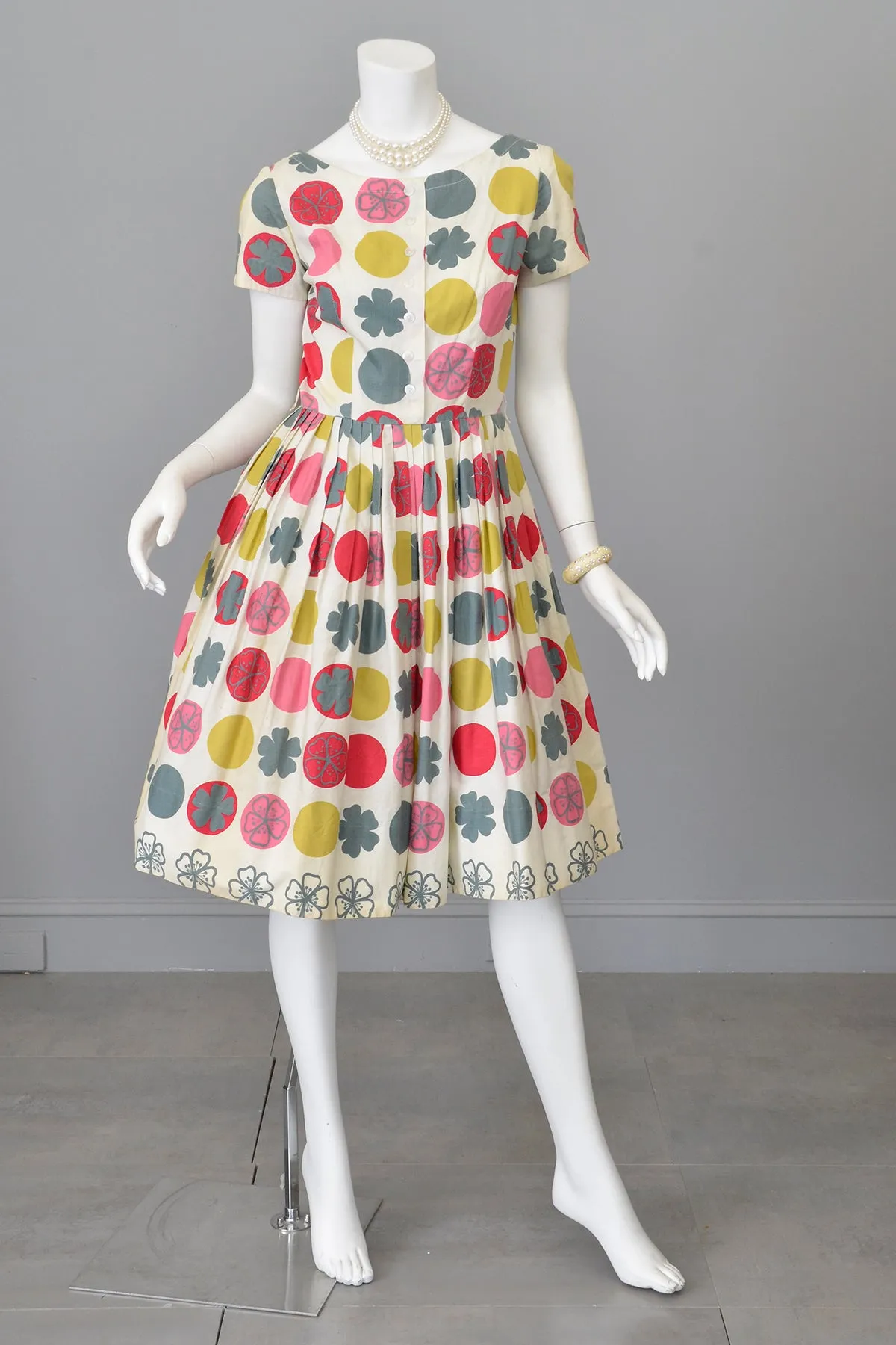 1950s Retro Novelty Print Dots Clovers Flowers 50s Dress