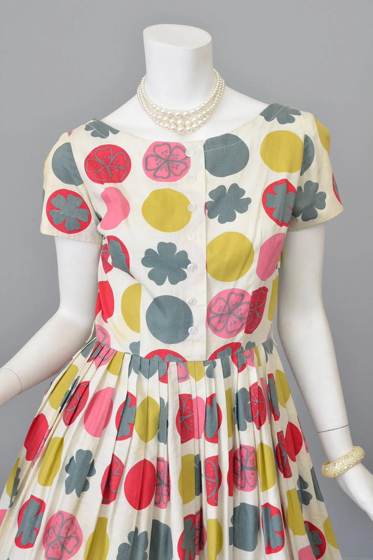 1950s Retro Novelty Print Dots Clovers Flowers 50s Dress