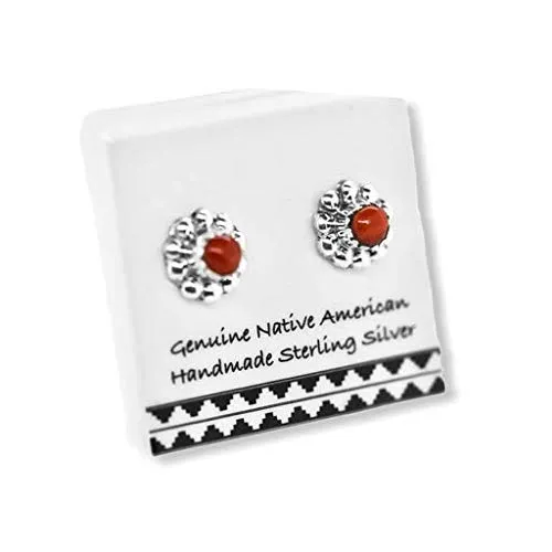 6mm Genuine Red Coral Stud Earrings, 925 Sterling Silver, Native American USA Handmade, Nickel Free