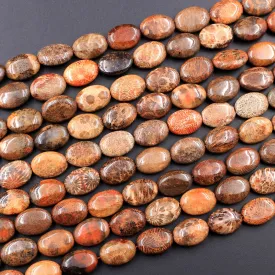 A Grade Natural Indonesian Fossil Coral Oval Beads 14x10mm Red Brown Tan Gray Beads 16" Strand