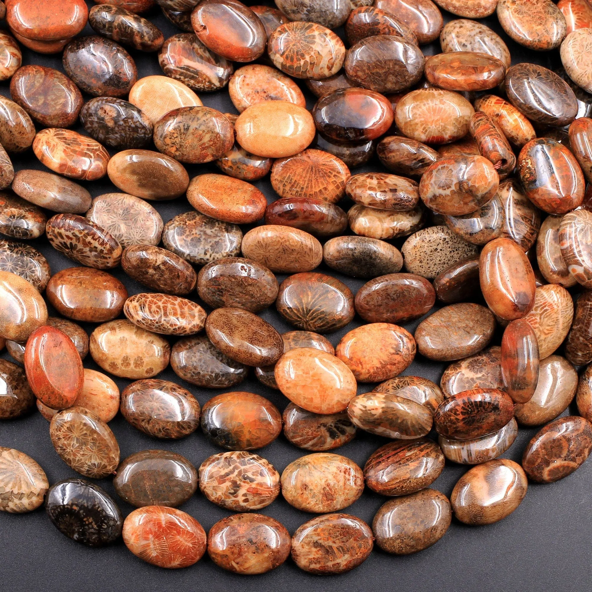 A Grade Natural Indonesian Fossil Coral Oval Beads 14x10mm Red Brown Tan Gray Beads 16" Strand