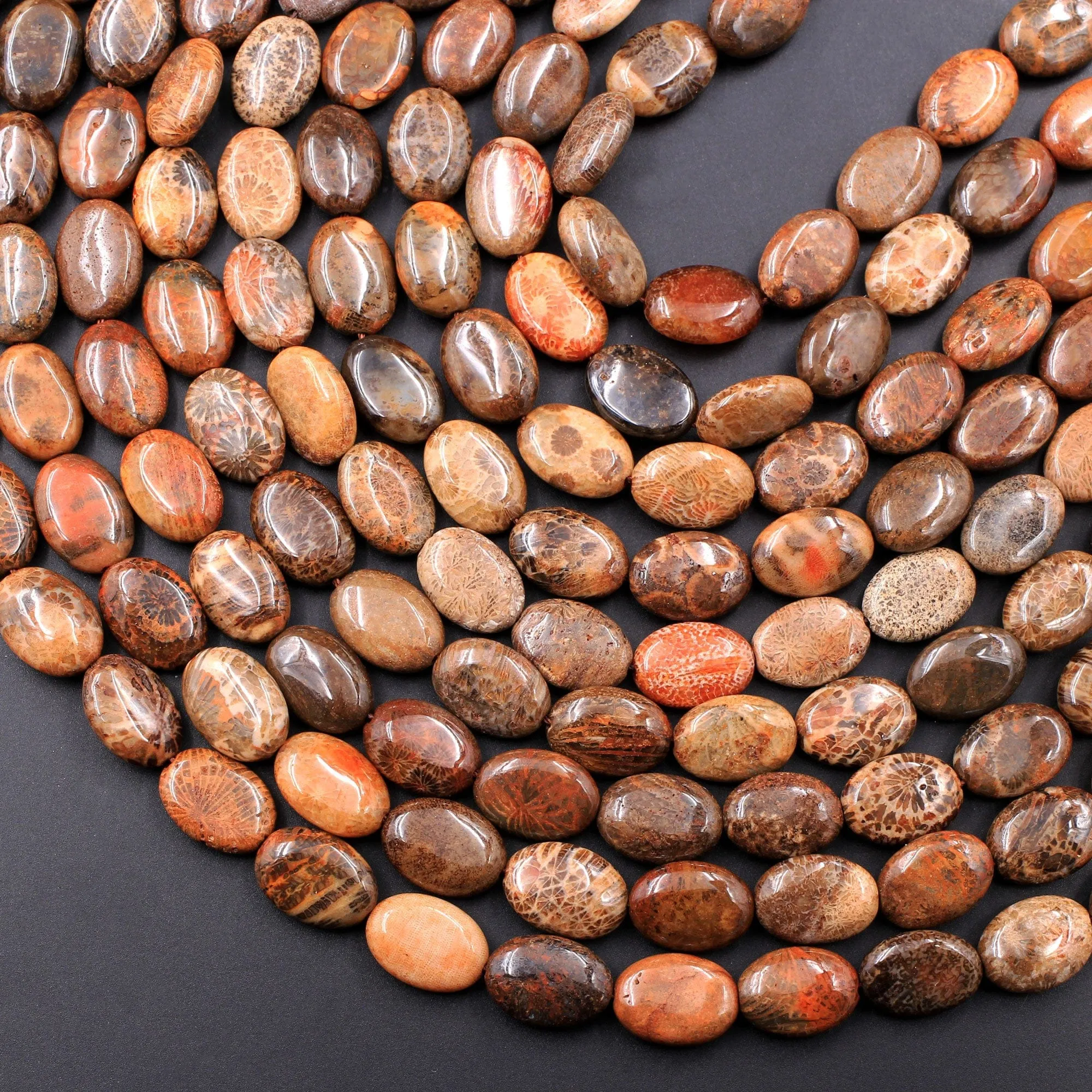 A Grade Natural Indonesian Fossil Coral Oval Beads 14x10mm Red Brown Tan Gray Beads 16" Strand