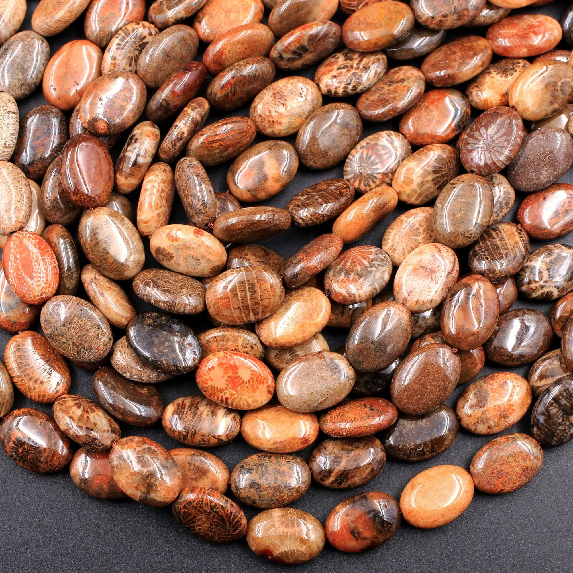 A Grade Natural Indonesian Fossil Coral Oval Beads 14x10mm Red Brown Tan Gray Beads 16" Strand