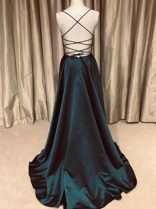 A Line V Neck Backless Dark Green Long Prom, Simple V Neck Dark Green Formal, Dark Green Evening