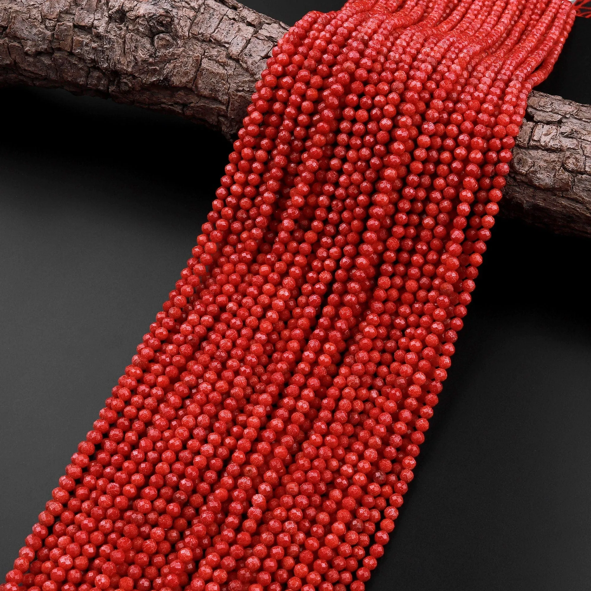 AAA Faceted Natural Red Sponge Coral 3mm Round Beads Micro Diamond Cut Gemstone 15.5" Strand