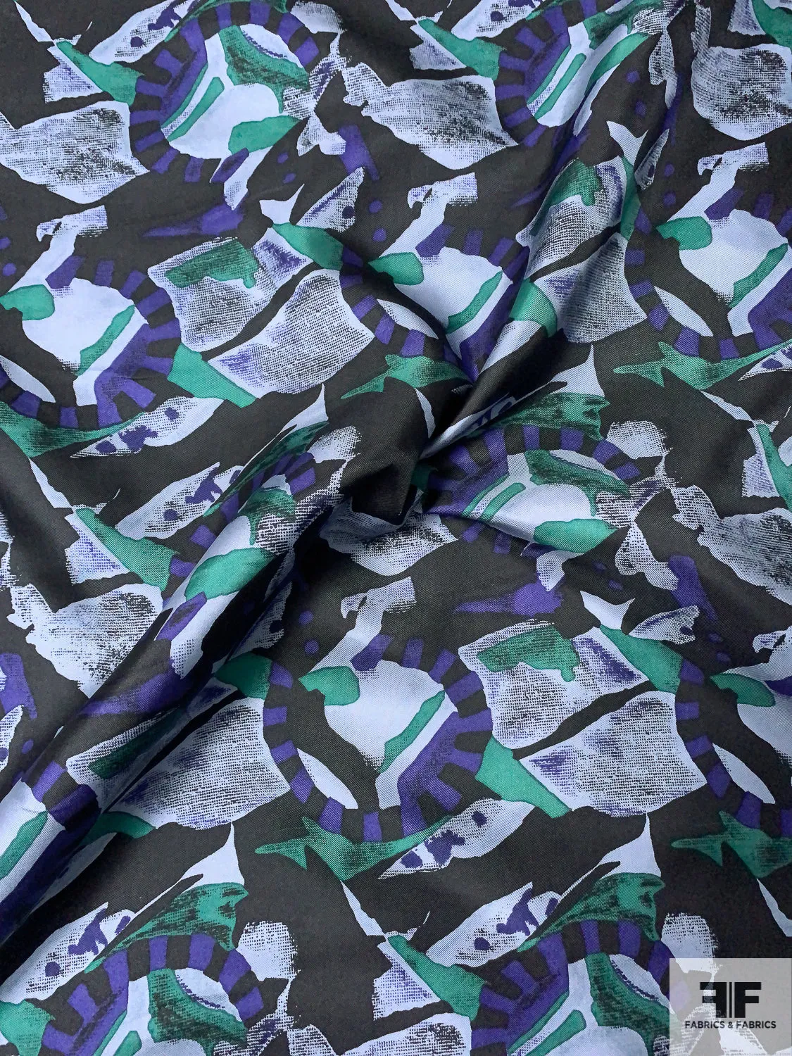 Abstract Graphic Printed Vintage Silk Twill - Indigo / Green / Black / Dusty Light Blue