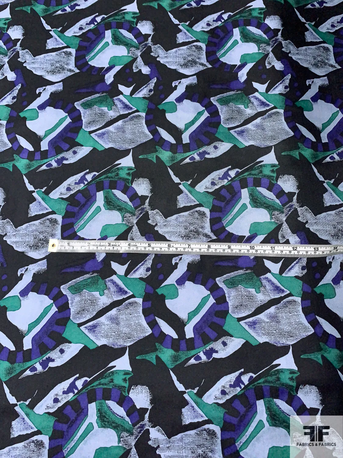 Abstract Graphic Printed Vintage Silk Twill - Indigo / Green / Black / Dusty Light Blue