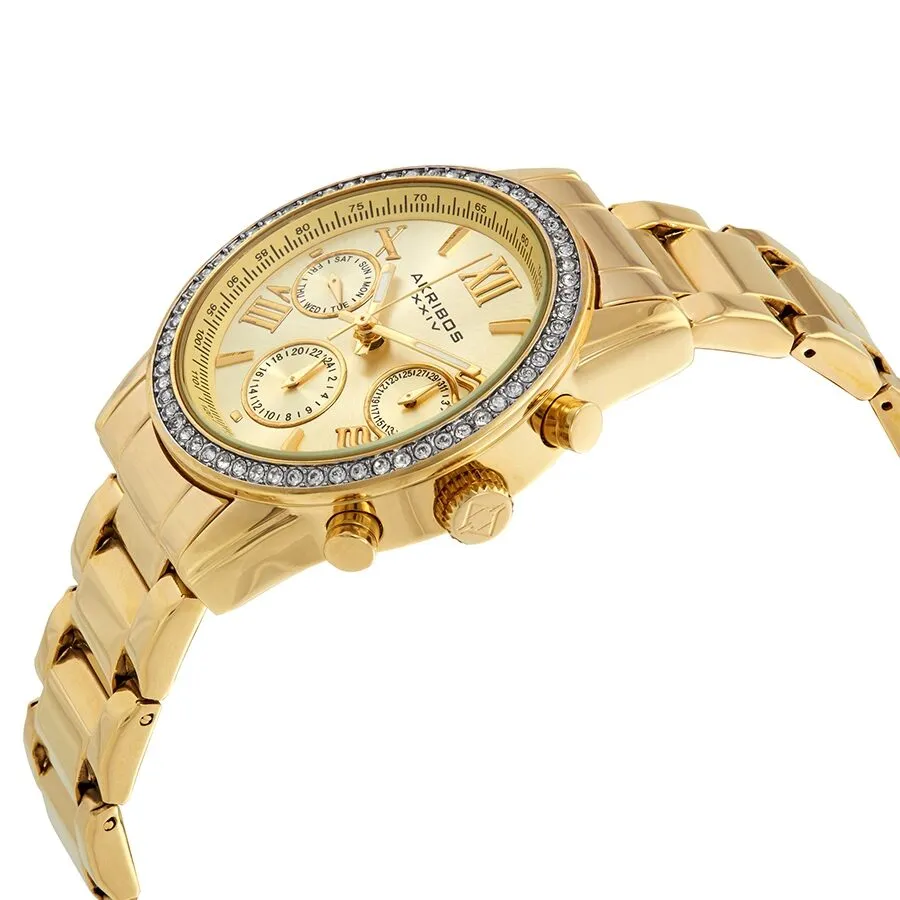 Akribos Xxiv Glimmer Gold Tone Dial Ladies Multifunction Watch AK872YG