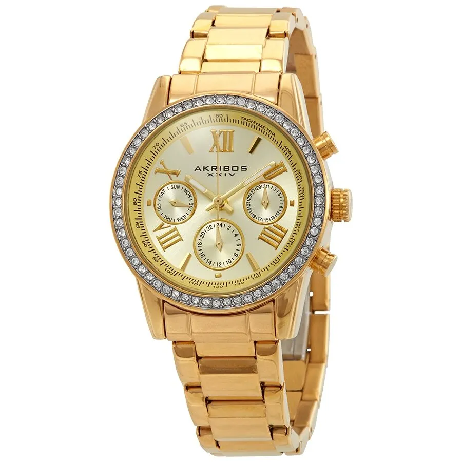 Akribos Xxiv Glimmer Gold Tone Dial Ladies Multifunction Watch AK872YG