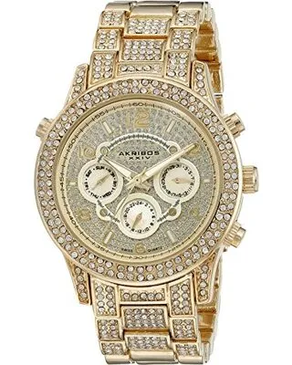 Akribos Xxiv Multi-Function Gold Crystal Pave Dial Ladies Watch AK776YG