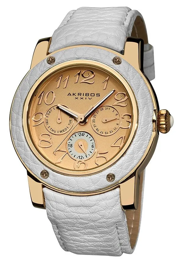 Akribos XxivGMT Multi-Function White Leather Ladies Watch AK560WT