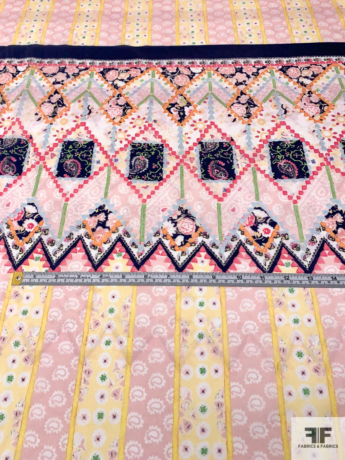 Anna Sui Multi-Pattern Printed Sheer Nylon Chiffon Panel - Light Pink / Yellow / Navy / Green