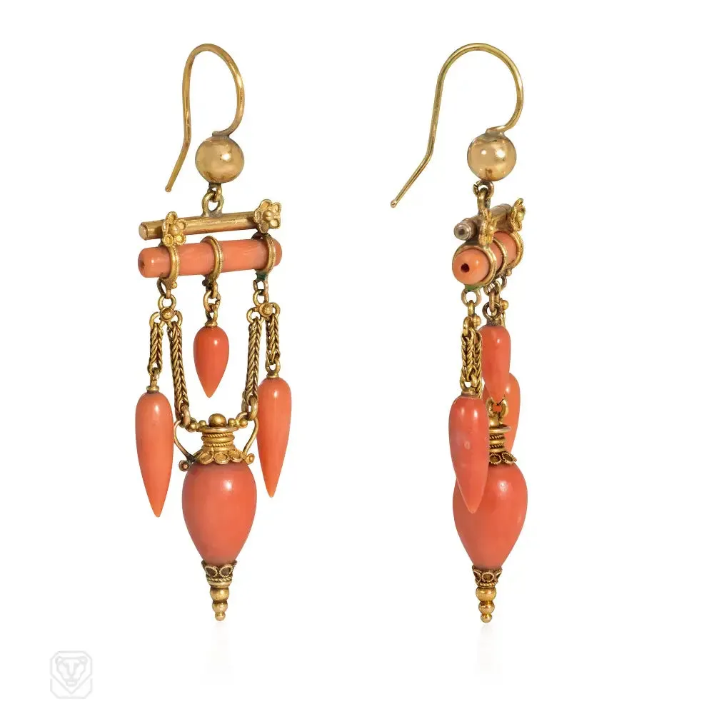 Antique Etruscan Revival coral drop earrings