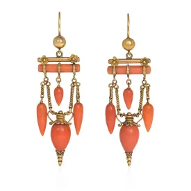 Antique Etruscan Revival coral drop earrings