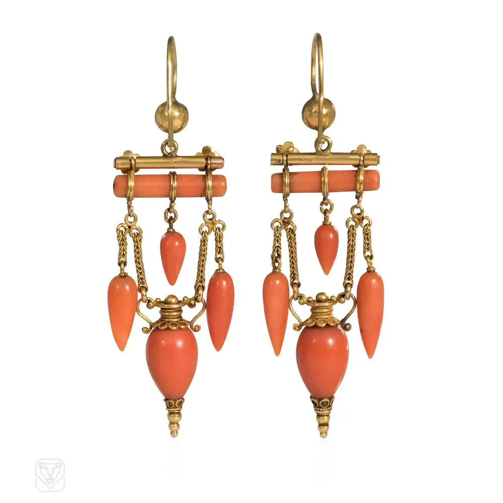 Antique Etruscan Revival coral drop earrings