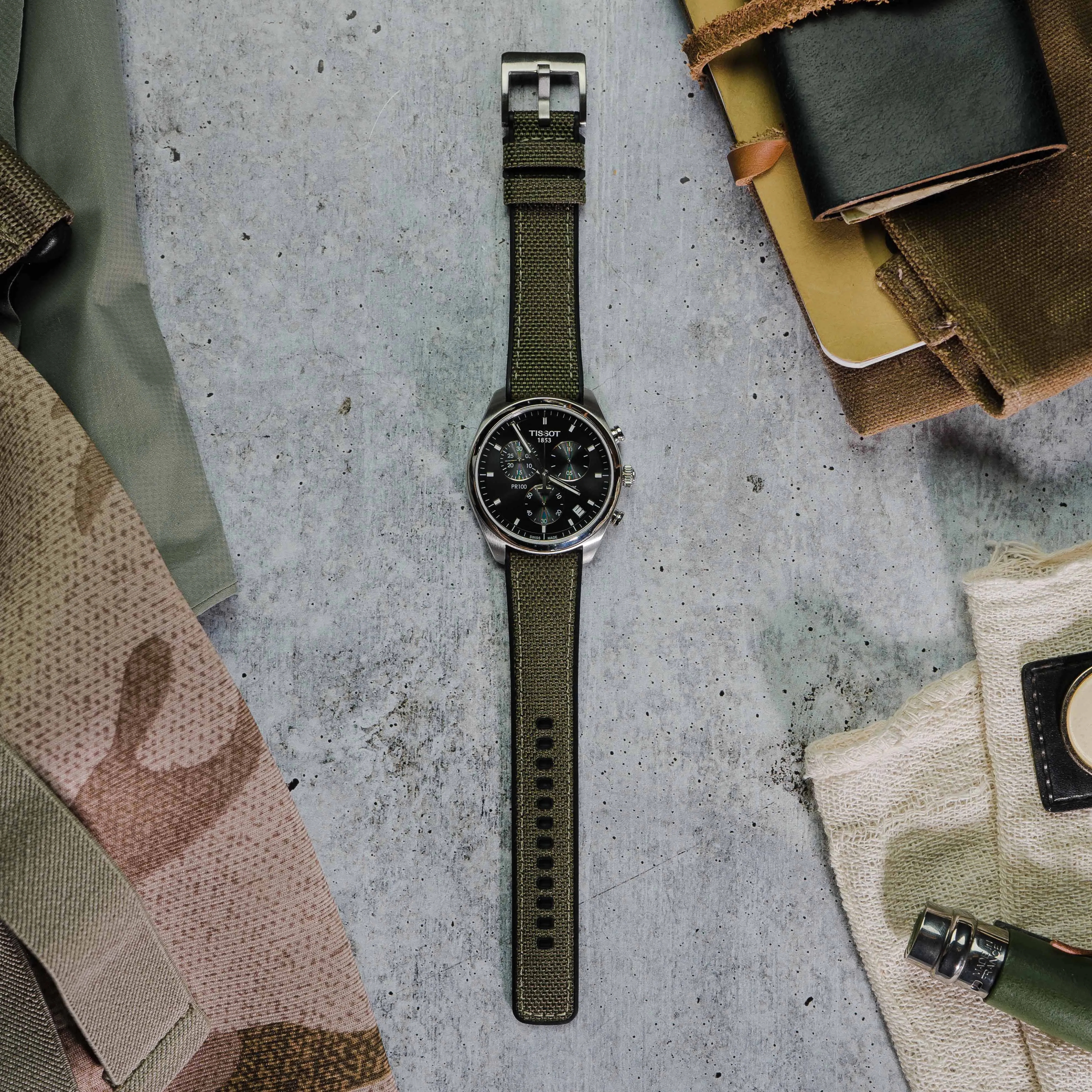 Army Green Cordura Fabric And Silicone Hybrid Watch Band (19mm, 23mm SALE)