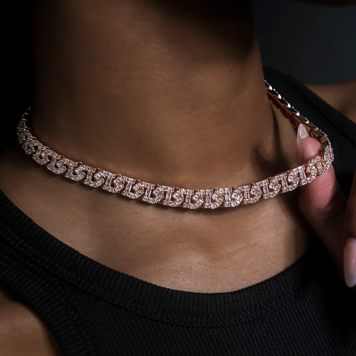 Baguette Chain Link Necklace in Rose Gold- 8mm