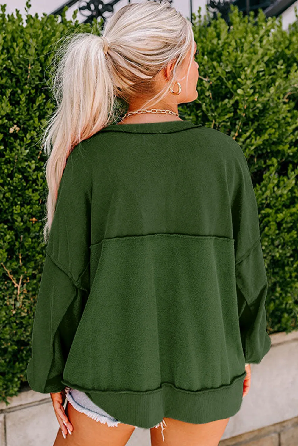 BerryBetty - Blackish Green Drop Shoulder Henley Buttons Sweatshirt