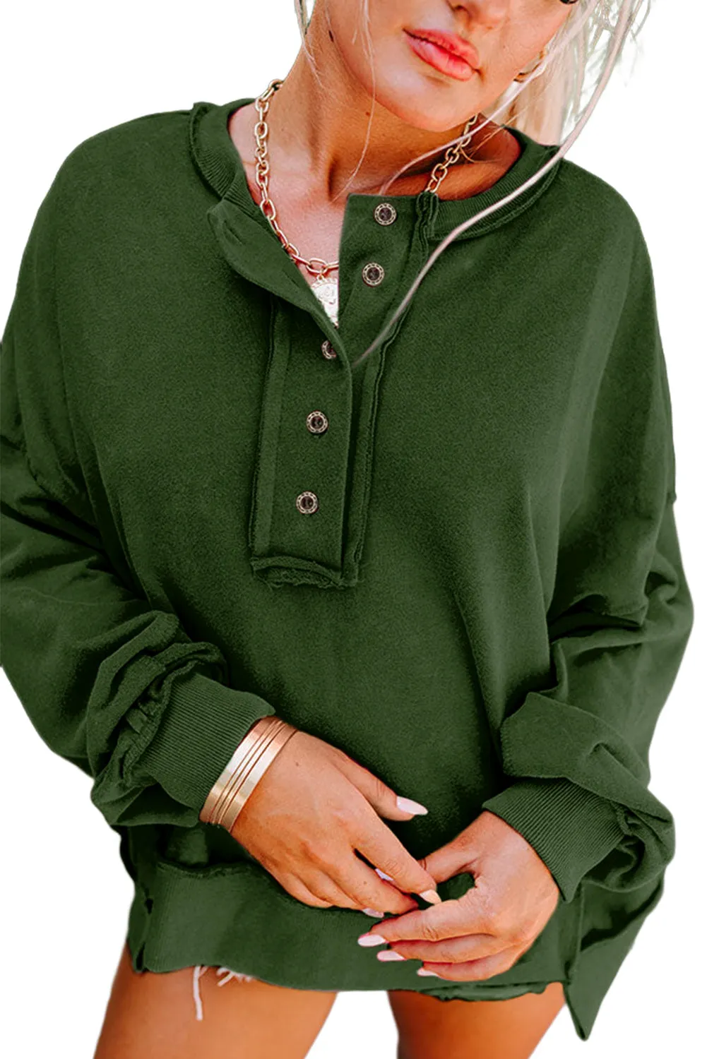 BerryBetty - Blackish Green Drop Shoulder Henley Buttons Sweatshirt