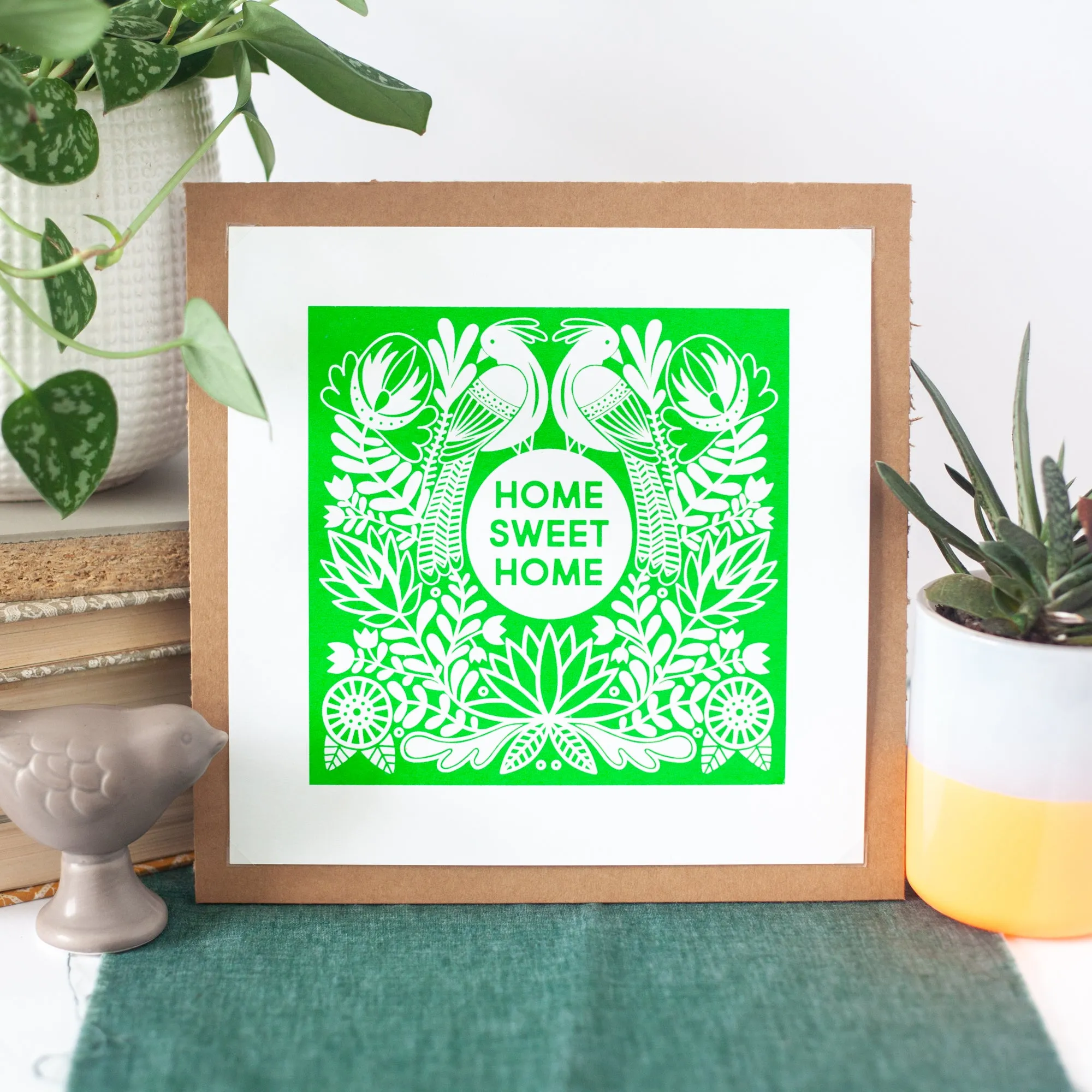 bright green home sweet home art print, Fraktur art, folk art print, hex sign art