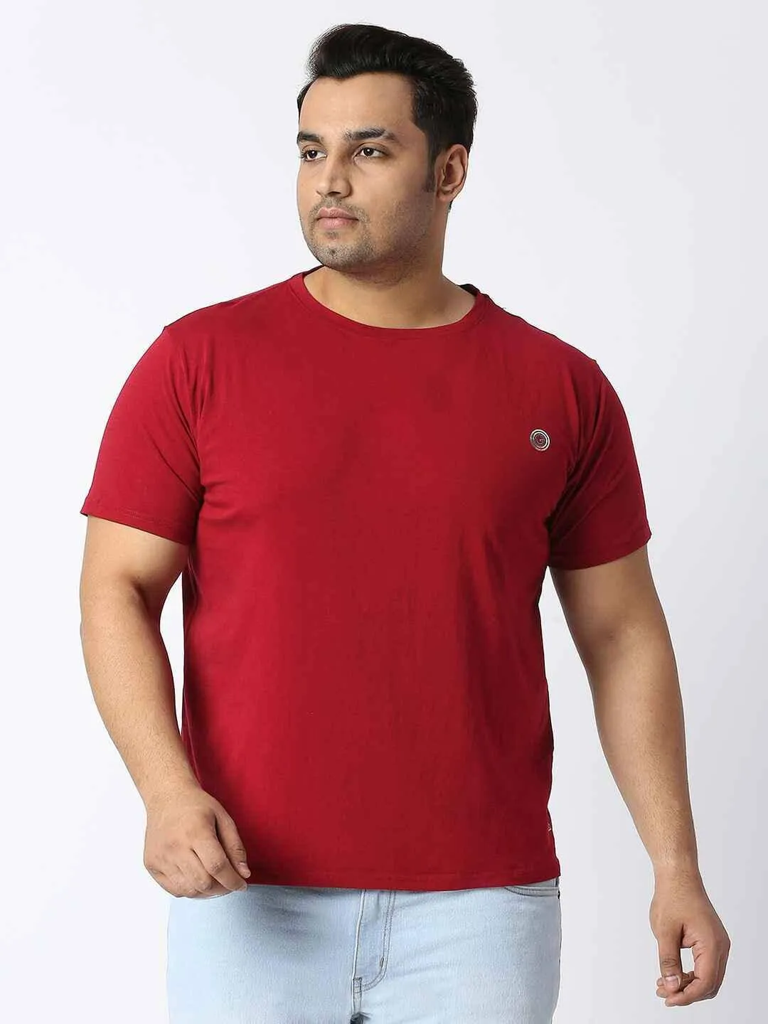 Carmine Red Round Neck Cotton Lycra Tshirt Plus Size