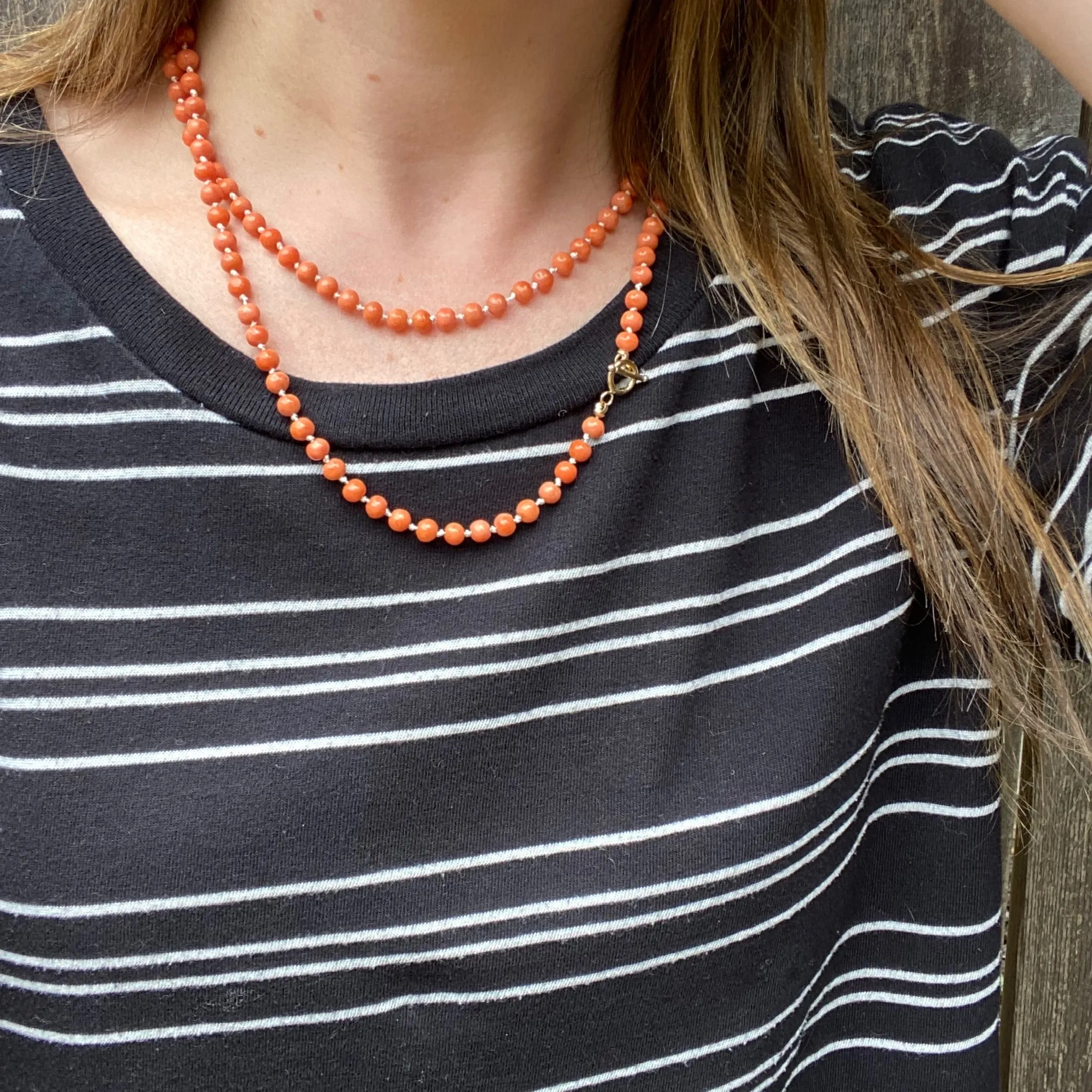 Coral Beads on White Silk Necklace