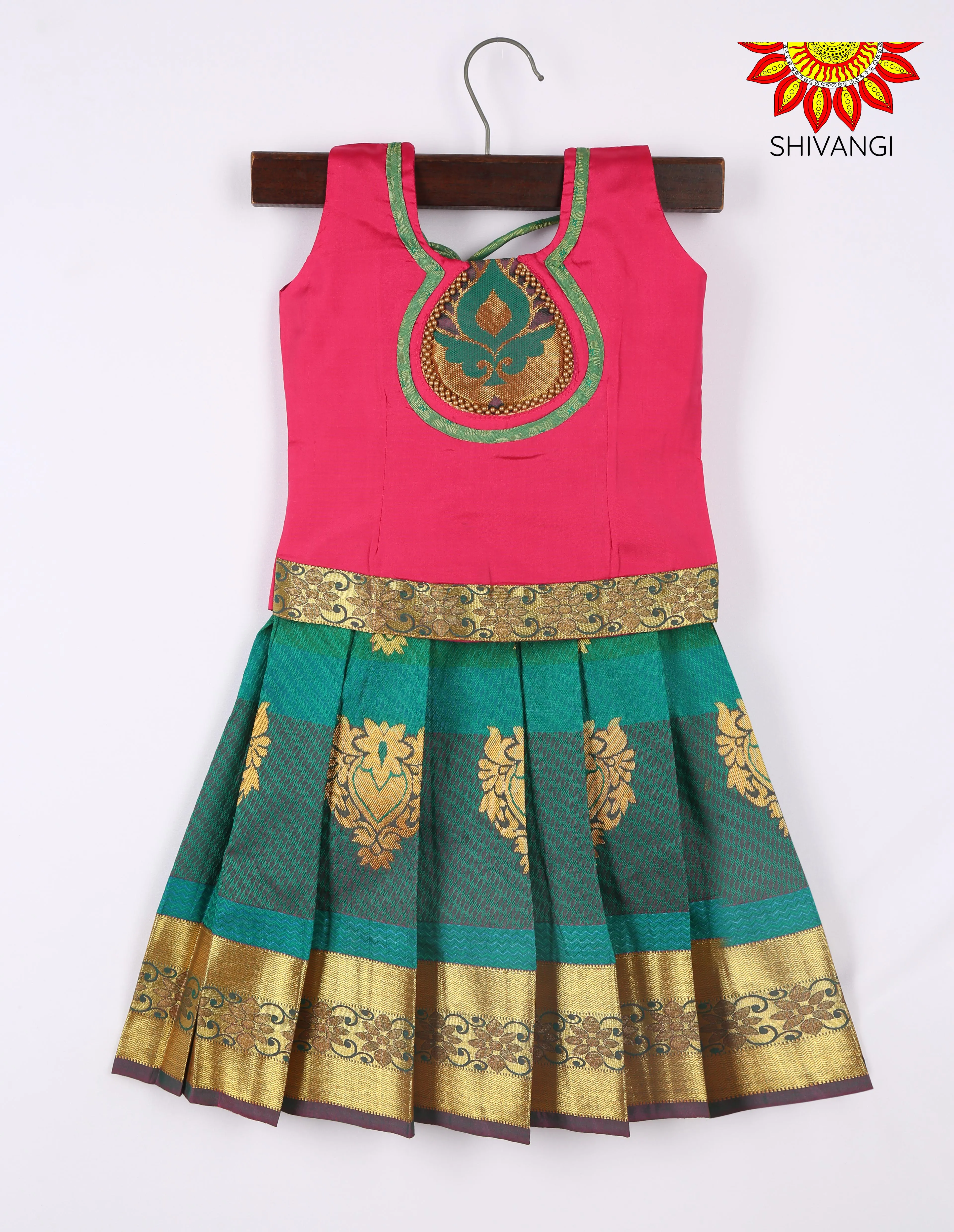 Dark Green Art Silk Pattu Pavadai Girls