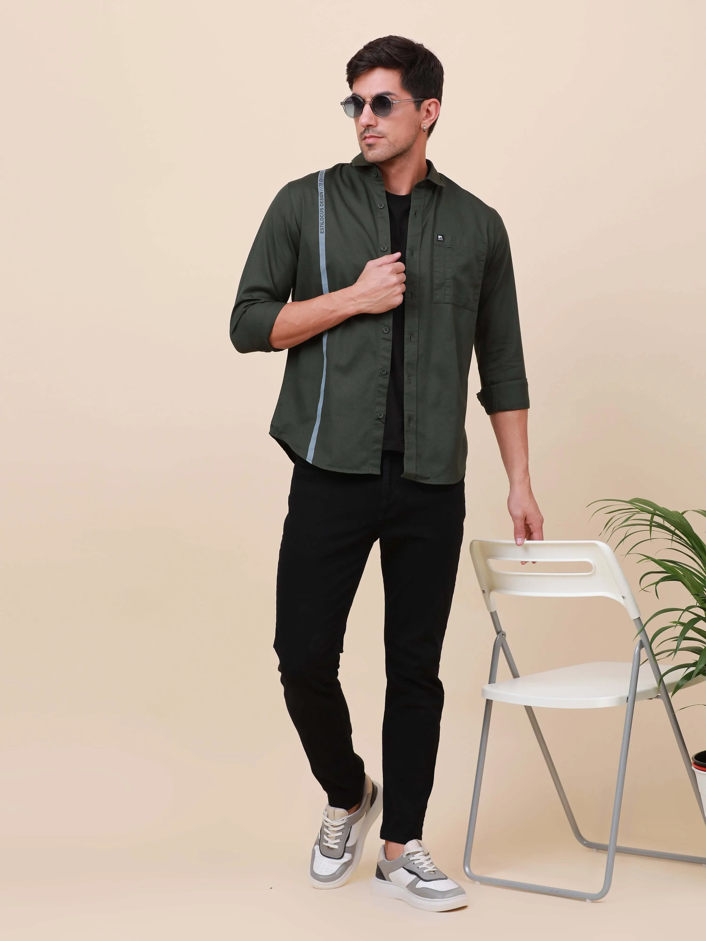 Dark Green Solid Single Pocket full sleeve shirt