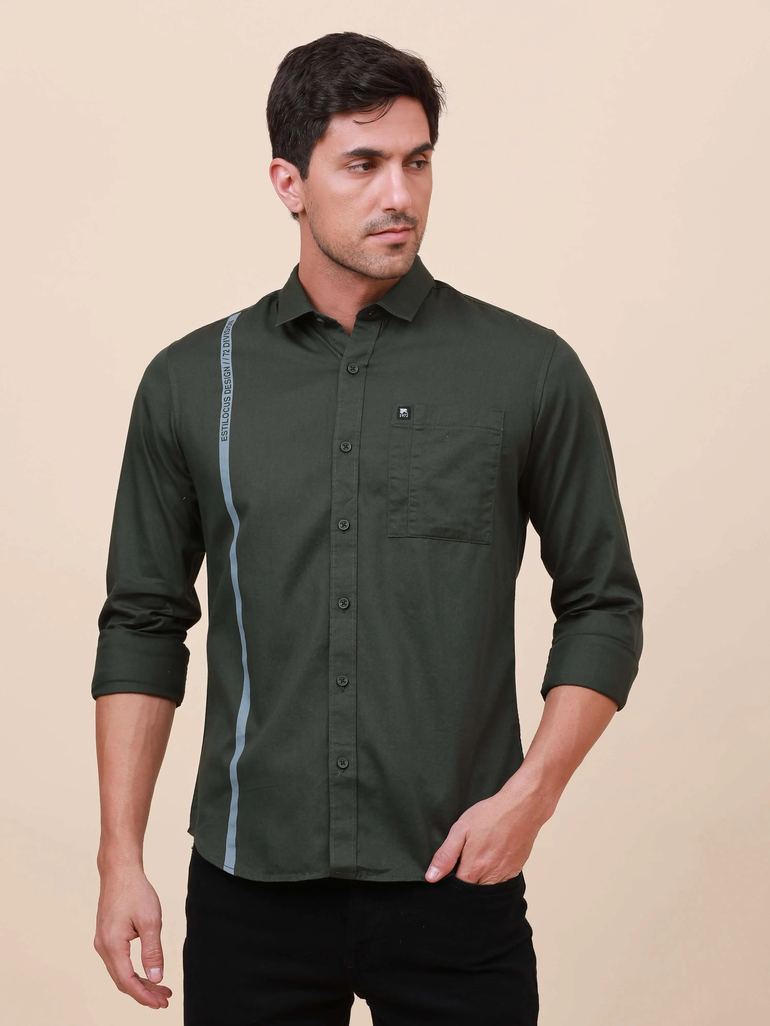 Dark Green Solid Single Pocket full sleeve shirt