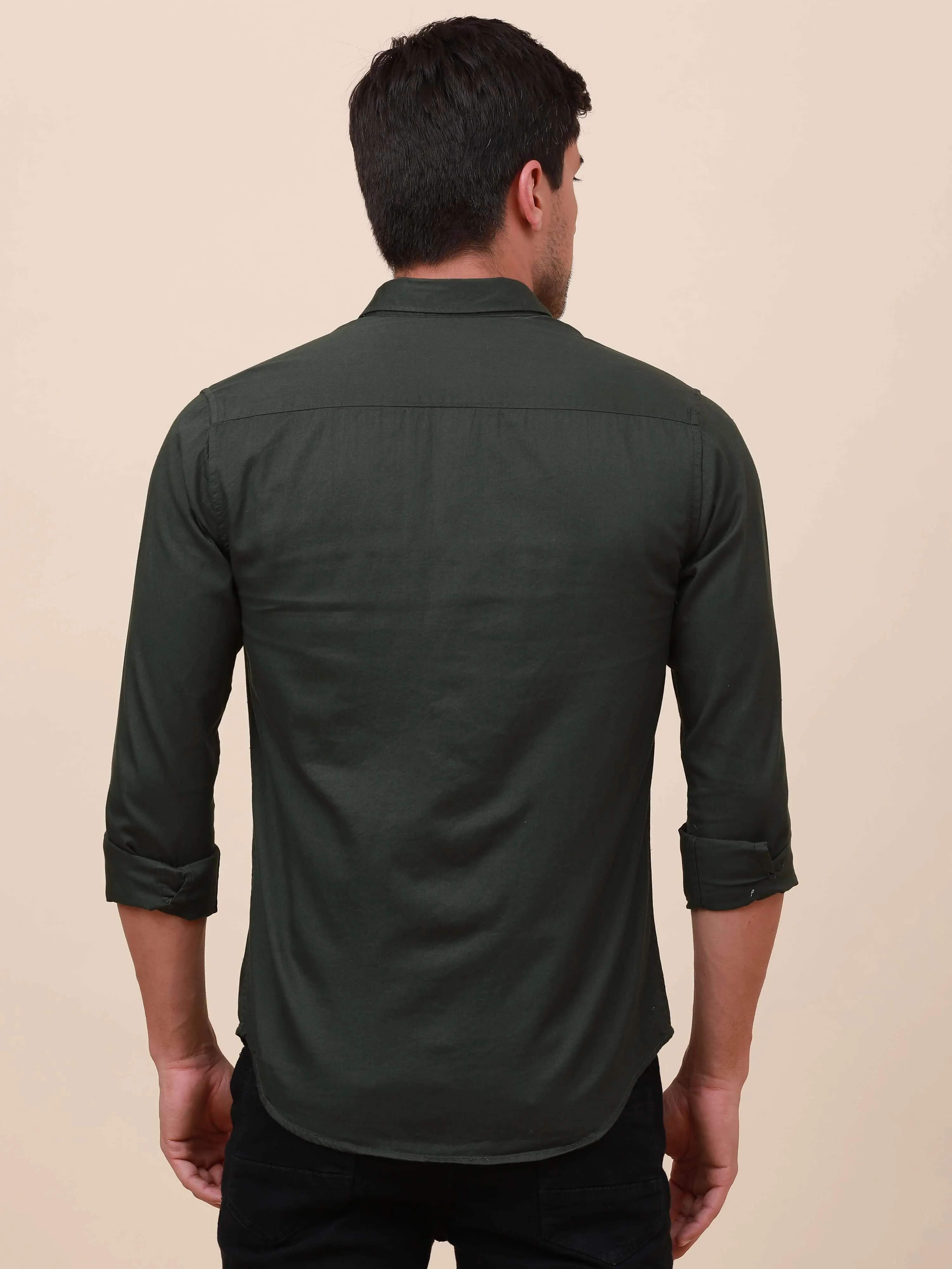 Dark Green Solid Single Pocket full sleeve shirt