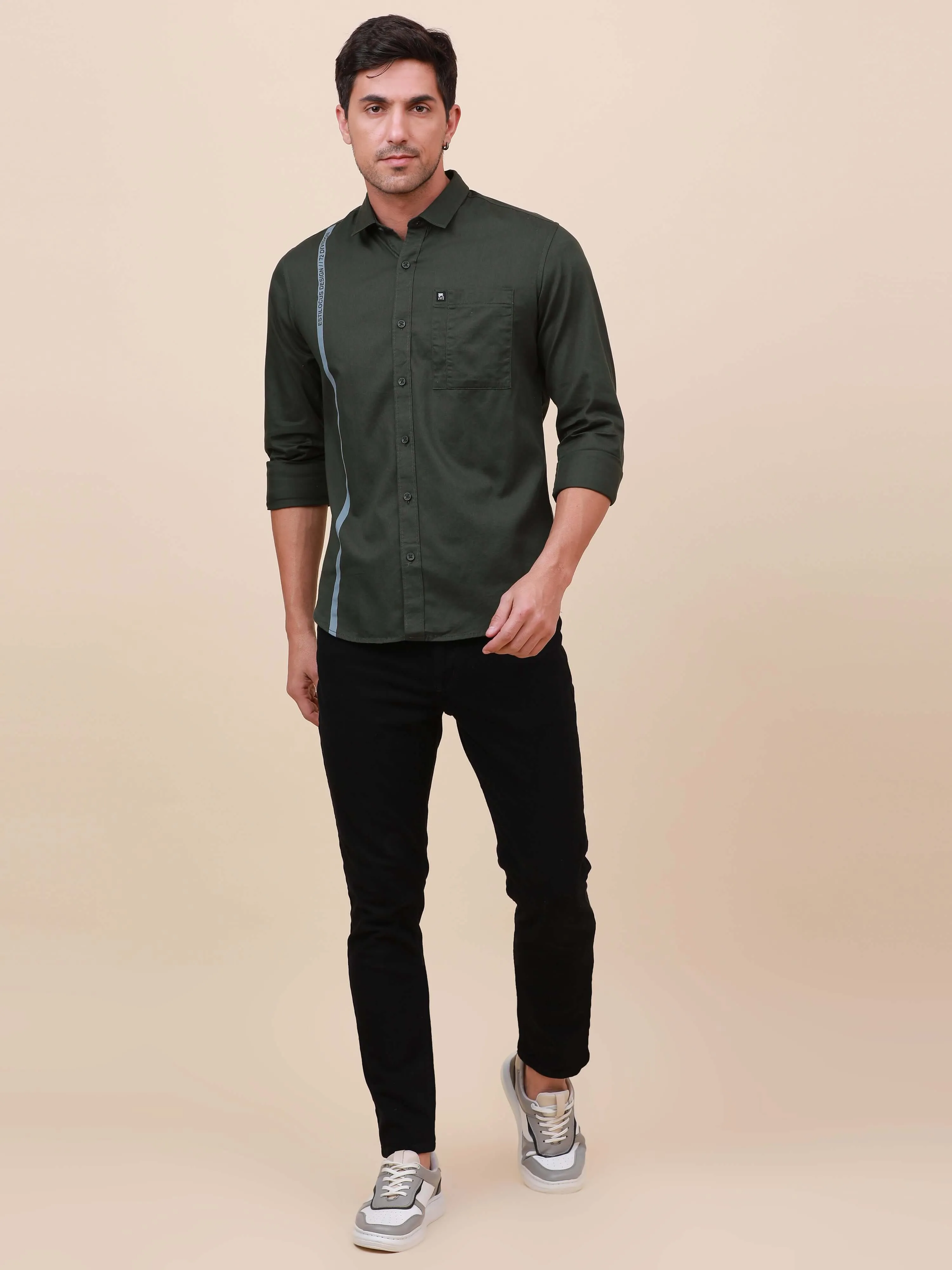 Dark Green Solid Single Pocket full sleeve shirt