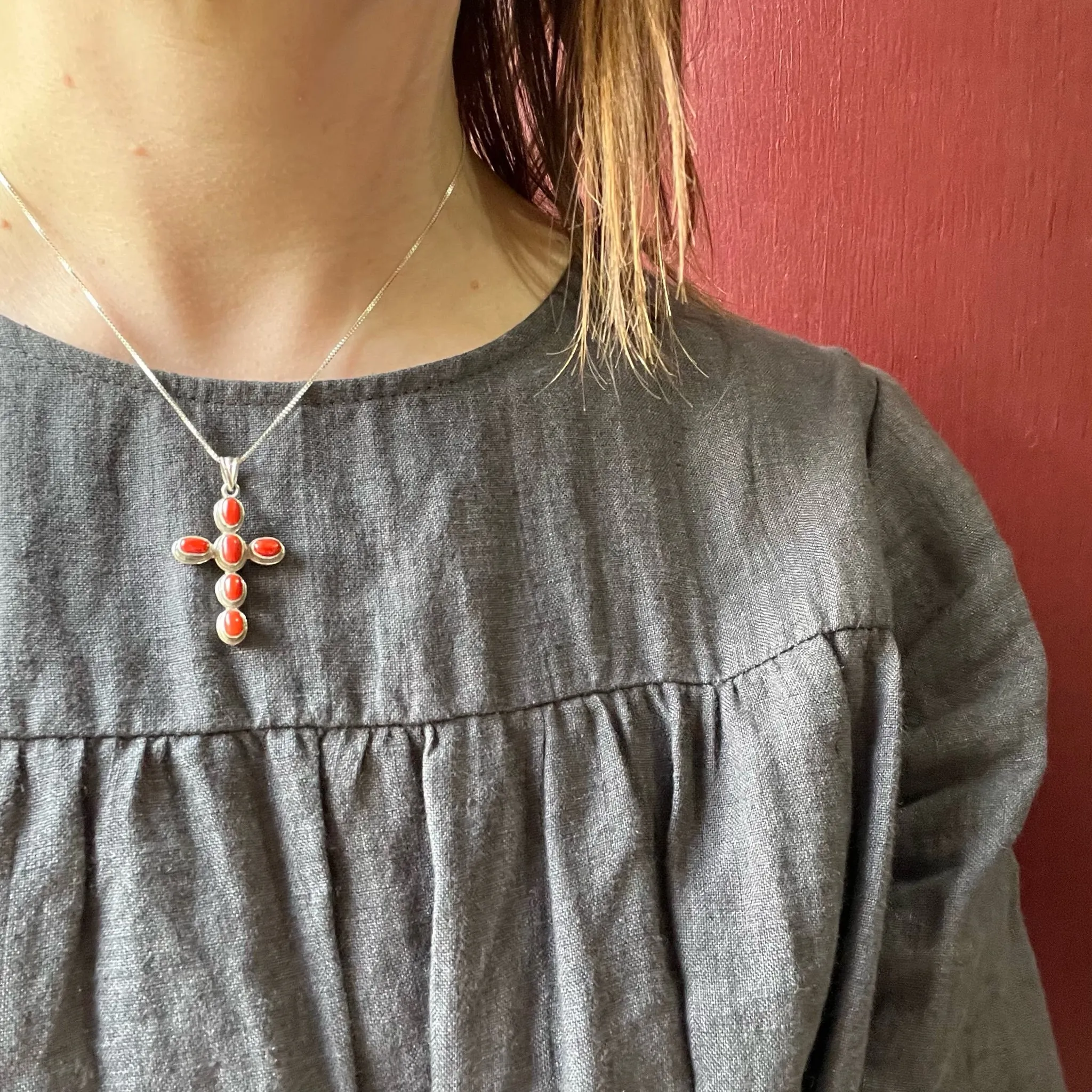 Deep Red Gem in Silver Cross Necklace